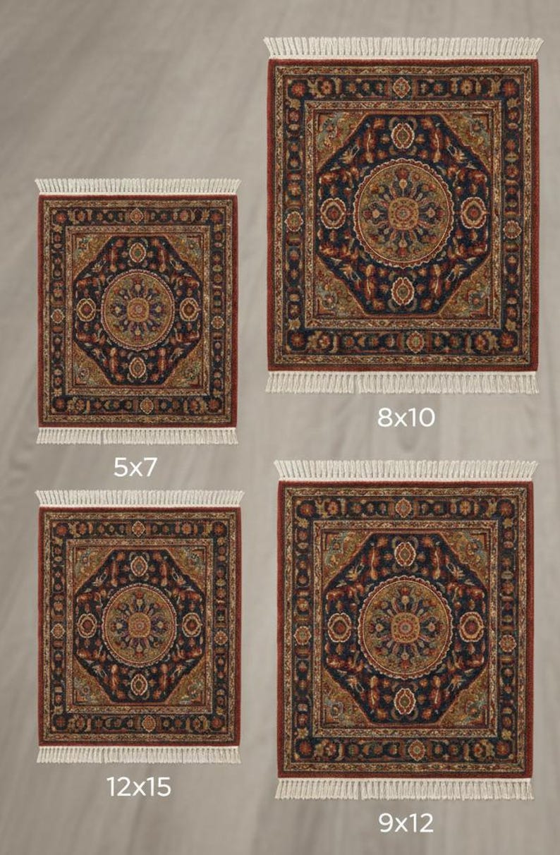 May include: Four area rugs with intricate patterns and fringe. The rugs are in various sizes: 5x7, 8x10, 12x15, and 9x12. Each rug features a central medallion design in shades of gold, blue, and red, with a dark blue background.
