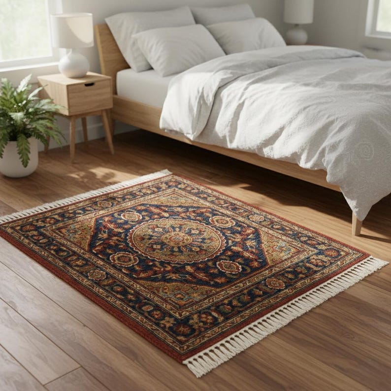 May include: A rectangular area rug with a detailed floral pattern in shades of navy blue, red, and gold. The rug has a central medallion design and a fringed edge. The rug is placed on a wooden floor.