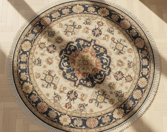 Hand Knotted Round Wool Rug, Persian Style Floral Medallion, Vintage Boho