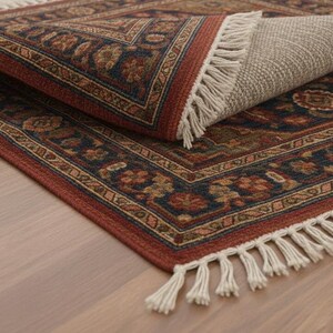 May include: A rectangular area rug with a detailed floral pattern in shades of red, blue, and beige. The rug has a fringed edge and is partially rolled up, revealing its neutral-colored backing. The design features intricate borders and a central medallion.