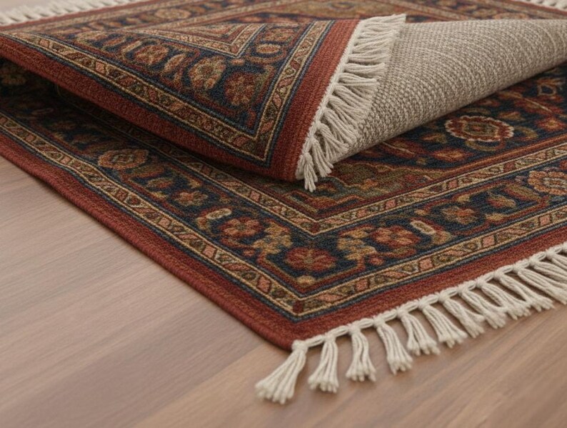 May include: A rectangular area rug with a detailed floral pattern in shades of red, blue, and beige. The rug has a fringed edge and is partially rolled up, revealing its neutral-colored backing. The design features intricate borders and a central medallion.