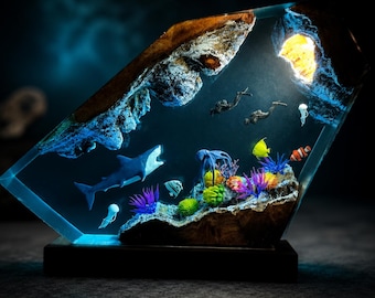 Shark Diver Ocean Resin Lamp, Underwater Epoxy Night Light, Coastal Wood Lamp, Marine Decor, Gift for Dad, Ocean Lover Gift