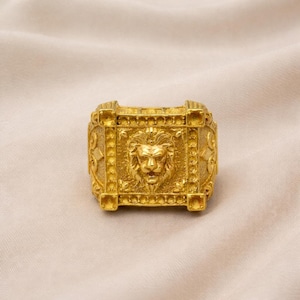 Lejonhuvud i guld, herrring med uttalande, signetring i vintagestil, djärvt djurring, lejonansiktsring, presentsmycken för honom