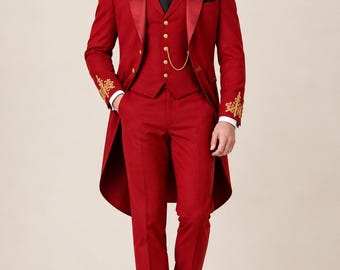 Traje de frac rojo para hombre, bordado dorado, conjunto formal de 3 piezas para novio.