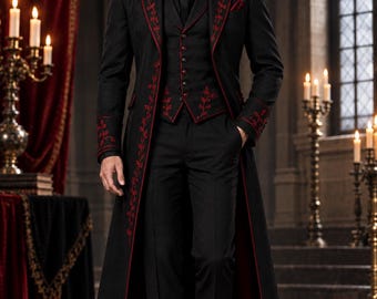 Black Gothic Tailcoat 3-Piece Suit | Victorian Vampire Groom Outfit (Embroidered)