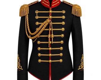 Zwart militair huzarenjack met goudgevlochten plooien en epauletten – uniformjas Napoleontische officiersparade