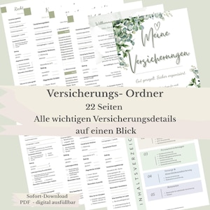 Könnte beinhalten: Ein digitales Versicherungs-Ordner-Set mit 22 Seiten, das Abschnitte für Vertragsdetails, Deckungsinformationen und persönliche Daten enthält. Die Dokumente sind mit floralen Akzenten, strukturierten Checklisten und einem Inhaltsverzeichnis versehen.