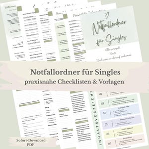 Könnte beinhalten: Ein Set aus Notfallordner-Vorlagen für Singles, bestehend aus Checklisten und Formularen für persönliche Daten, Versicherungen, Verträge und Finanzen. Die Dokumente enthalten Abschnitte für medizinische Informationen, Dokumente und Passwörter.