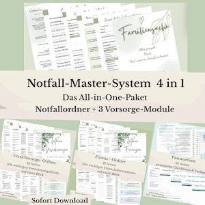 Peut inclure: Ensemble de documents imprimés en allemand, avec le titre "Notfall-Master-System 4 in 1" et le mot "Familensache." Les documents sont classés en assurances et finances, avec une palette de couleurs vert clair et blanc. La phrase "Sofort Download" est également visible.