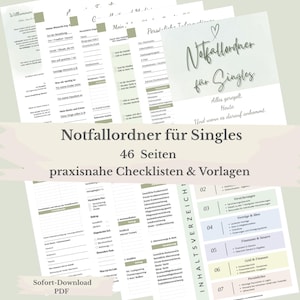 Puede incluir: Un conjunto de páginas de planificador imprimibles en alemán, con listas de verificación y plantillas. Las páginas son de color verde claro y blanco, con títulos como "Mein" y "Notfallordner für Singles". El texto "46 Seiten" también es visible.