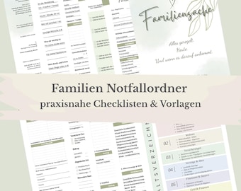 Notfallordner Familie und Versicherungsordner Vorsorge Vorlage für Eltern Alleinerziehende Notfallmappe Checkliste PDF