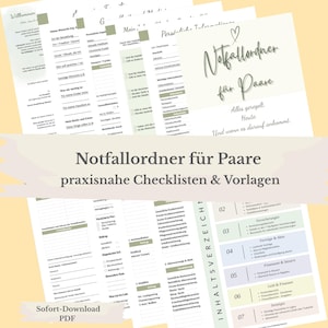 Puede incluir: Un conjunto de documentos de planificación de emergencia para parejas, que incluye listas de verificación y plantillas con texto en alemán como Notfallordner für Paare, Inhaltsverzeichnis y varias secciones para información personal y financiera.