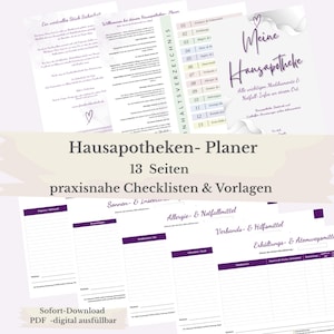 Op de afbeelding: Een 13-pagina tellende planner voor de huisapotheek met witte vellen, paarse tekst en koppen. De pagina's bevatten een inhoudsopgave, checklists en sjablonen voor het bijhouden van medicatie, allergieën en informatie voor noodgevallen.