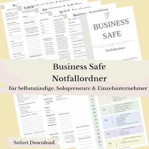 以下が含まれることがあります： 「Business Safe Notfallordner」と題されたビジネス用緊急バインダーの白い紙のテンプレート集。書類には黒いテキスト、チェックリスト、ビジネスデータ、緊急時の手順、税務情報のための構造化されたフォームが記載されています。