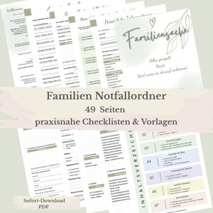 May include: A set of printable family emergency planning documents in light green and white. The pages feature handwritten-style text. The title "Familien Notfallordner" is visible, along with "49 Seiten" and "praxisnahe Checklisten & Vorlagen."