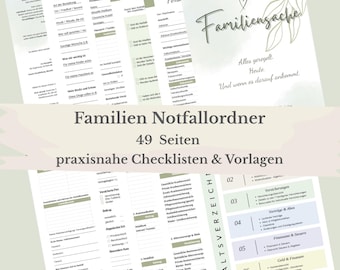 Notfallordner Familie und Versicherungsordner Vorsorge Vorlage für Eltern Alleinerziehende Notfallmappe Checkliste PDF 49 Seiten