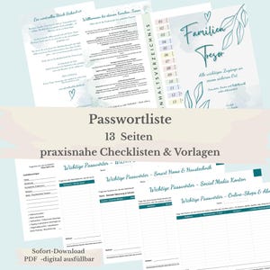 Könnte beinhalten: Eine Sammlung druckbarer PDF-Dokumente mit dem Titel "Passwortliste". Die Seiten sind hellblau und weiß, mit Text auf Deutsch. Die Dokumente enthalten Checklisten und Vorlagen zur Organisation von Passwörtern und wichtigen Informationen.