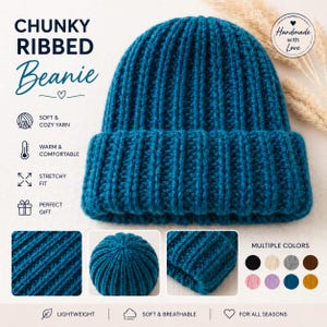 May include: A teal chunky ribbed beanie with a folded brim. The hat is made of soft, cozy yarn and is warm and comfortable. The text on the image says "Handmade with Love", "Soft & Cozy Yarn", "Warm & Comfortable", "Stretchy Fit", "Perfect Gift", "Lightweight", "Soft & Breathable", and "For All Seasons".