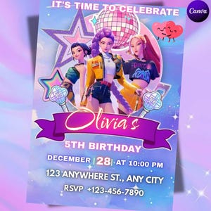Pode incluir: Um convite de aniversário vibrante com três personagens animados. O convite inclui o texto "IT'S TIME TO CELEBRATE" e "Olivia's 5th Birthday". A data e a hora também são exibidas. O fundo tem um tema de céu estrelado.