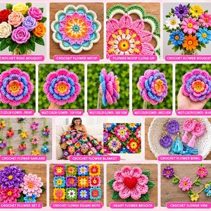 Crochet Flower Pattern Bundle | Colorful Crochet Flowers PDF | Rose Bouquet, Flower Motif, Garland & Blanket Pattern | Instant Download