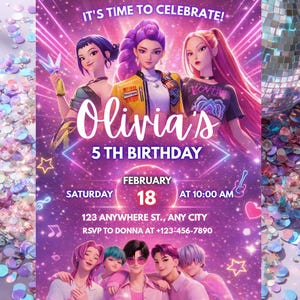 Pode incluir: Um convite vibrante para o 5º aniversário de Olivia, com personagens animados e o texto "IT'S TIME TO CELEBRATE!". O design inclui a data, hora e informações de RSVP, em um fundo roxo e rosa.
