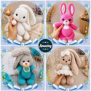 May include: Four plush crochet bunnies in different colors: one white, one bright pink, one gray with a teal outfit, and one tan with a white dress and bow. Each bunny features soft yarn texture, dark eyes, and a small nose, presented in circular frames.