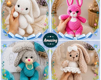 May include: Four plush crochet bunnies in different colors: one white, one bright pink, one gray with a teal outfit, and one tan with a white dress and bow. Each bunny features soft yarn texture, dark eyes, and a small nose, presented in circular frames.