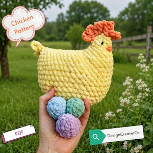 May include: A yellow crocheted chicken plush toy with an orange comb and beak, accompanied by three small, round, textured crocheted spheres in light blue, mint green, and lavender. A speech bubble graphic displays the text Chicken Pattern.