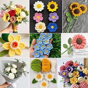 Puede incluir: Una colección de flores de ganchillo hechas a mano y arreglos florales en varios colores, incluyendo rojo, amarillo, rosa, azul y blanco. Los artículos incluyen aplicaciones de flores, girasoles de tallo largo y ramos envueltos en papel.