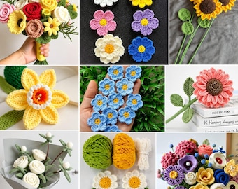 May include: A collection of handmade crochet flowers and floral arrangements featuring various colors including red, yellow, pink, blue, and white. The items include individual flower appliques, long-stemmed sunflowers, and bouquets wrapped in paper.