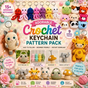 Può includere: Un pacchetto di modelli digitali per portachiavi all'uncinetto con vari disegni di animali, tra cui polpi, un gatto, una giraffa, una borsa a forma di rana e un fungo. L'immagine mostra diversi articoli all'uncinetto finiti, etichette e icone.