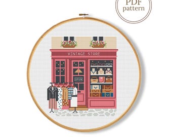 Vintage Store Cross Stitch Pattern PDF, Antique Shop Counted Chart (Instant Download)