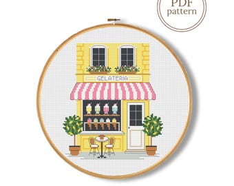 Italian Gelateria Cross Stitch Pattern PDF, Ice Cream Cafe Design (Instant Download)
