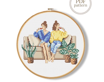 Two women drinking wine cross stitch pattern, Friends counted chart (Instant Download)