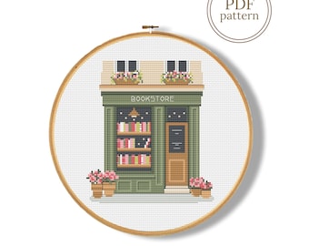 Bookstore cross stitch pattern, Booklover counted chart (Instant Download)