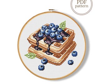 Waffles with blueberries cross stitch pattern PDF, Kitchen counted chart (Instant Download)