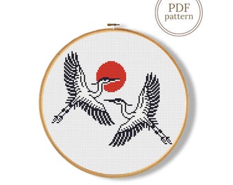 Japanese Crane Cross Stitch Pattern PDF, Red Sun Design, Minimalist Embroidery Chart