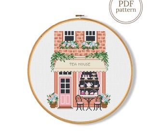 English Tea House Cross Stitch Pattern PDF, London Tea Shop Design (Instant Download)