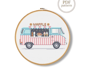 Waffle food truck cross stitch pattern PDF, pink and blue van chart (Instant Download)
