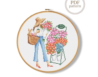 Woman with a bouquet on a floral market cross stitch pattern PDF (Instant Download)