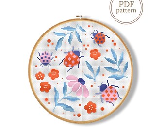 Ladybugs Cross Stitch Pattern PDF, Spring Floral Design Chart