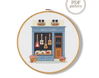 Music Store Cross Stitch Pattern PDF, Guitar Shop Counted Chart (Instant Download)