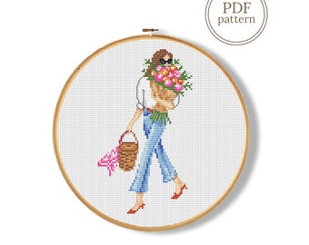 Woman with floral bouquet cross stitch pattern PDF (Instant Download)