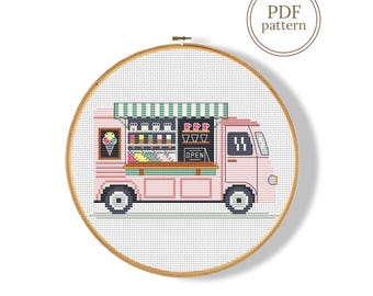 Ice-cream truck cross stitch pattern PDF, Summer counted chart (Instant Download)
