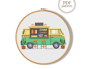Taco truck cross stitch pattern PDF, Mwxican fast food counted chart (Instant Download)