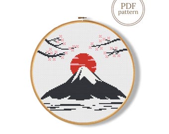 Mount Fuji Cross Stitch Pattern PDF, Japanese Landscape Chart