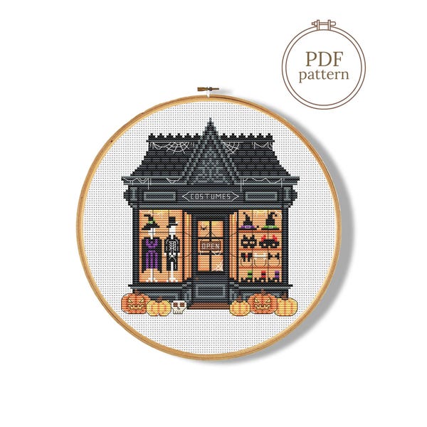 Halloween cross stitch pattern PDF, Spooky Shop counted chart (Instant Download)
