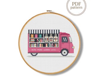 Book Truck Cross Stitch Pattern PDF, Booklover counted chart (Instant Download)