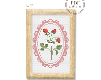 Strawberry Cross Stitch Pattern PDF, Pink Frame Floral Chart