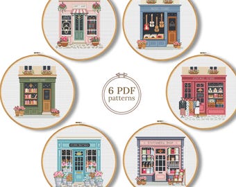 Storefronts Cross Stitch Patterns PDF Set of 6, Bookstore, Floral, Music, Vintage Shop Collection